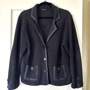 Women's Monari 100% Cotton navy cable knit cardigan with ribbon trim L